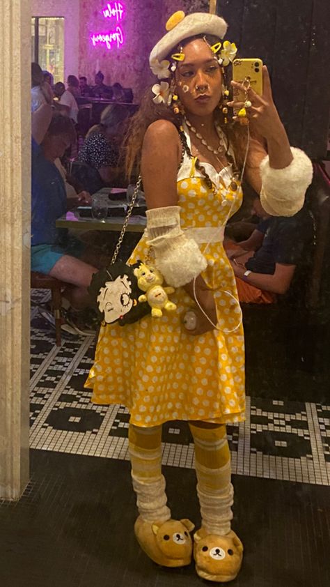 #rilakkuma #harajuku #harajukustyle #style #alternativefashion #fashion #style #yellowaesthetic #yellow #cute #harajukufashion Yellow Kidcore Outfit, Arcade Fashion, Kidcore Outfit, Kidcore Fashion, Black Alternative, Alt Clothes, Black Femininity, Kawaii Fashion Outfits, Maximalism