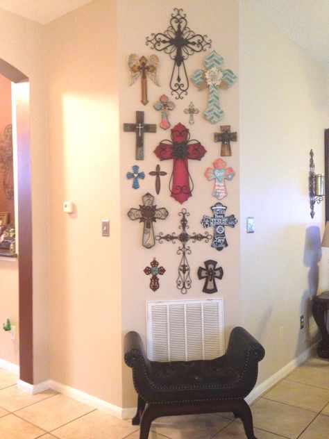 Wall of Crosses Crosses Wall Decor, Decorating With Crosses On Walls Ideas, Wall With Crosses Ideas, Cross Above Bed, Crosses On Wall Ideas, Wall Of Crosses Ideas, Cross Wall Decor Living Rooms, Cross Collage Wall Ideas, Cross Wall Collage