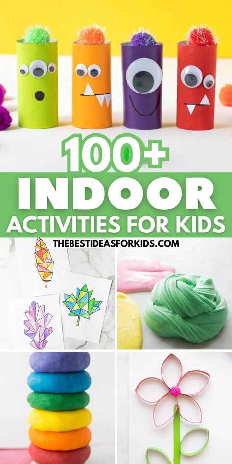 Over 100 indoor activities and crafts for kids! Kid Ideas Activities, Indoor Activities For 4yrs Old, Activities For 6 Year Girl, Easy After School Activities For Kids, Indoor Party Activities For Kids, Inside Kids Activities, Fun Educational Activities For Kids, Preschool Indoor Activities, Kids Fun Activities