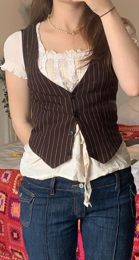 Waistcoat And Jeans, Waistcoat Layering Outfit, 90s Bootcut Jeans Outfit, 90s Waistcoat Outfit, Y2k Academia Outfit, Waistcoat Top, Pinstripe Flares Outfit, Waistcoat Aesthetic, Pinstripe Waistcoat Outfit