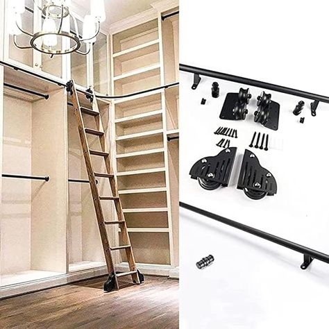 Amazon.com: Rolling Library Ladder Rail Kit Sliding Hardware Rolling Library Kit(No Ladder), Round Tube Mobile Ladder Rail Garage Closet Carbon Steel Track System Wall Mount Kit ( Size : 6.6ft/200cm Track Kit ) : Tools & Home Improvement Ladder For Closet Walk In, Diy Library Ladder Rail, Closet Ladder Ideas, Closet With Ladder, Sliding Ladder Bookshelf, Home Library With Ladder, Ladder Closet, Diy Library Ladder, Library Ladders Rolling