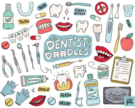 Hand drawn doodle dentist and medical clipart bundle. Includes hand illustrated dentist equipment, teeth, braces, tooth, smile, lips, mothwash, hygiene, toothpast dental floss, dentist's mirror, drill, medical gloves, dental guard, dentures, x-ray, toothbrush and other stomatology and healthcare doodle illustrations. Each image is hand drawn and then colored digitally combining doodle charm with vibrant digital colors. Dentist Drawing Art, Teeth Doodle Art, Dentist Doodle Art, Dentist Doodle, Dentist Drawing, Dental Drawings, Dental Tools Drawing, Dentistry Stickers Aesthetic, Braces Dentist