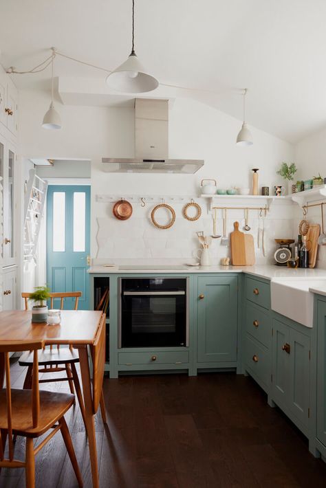 A London Maisonette with A Light Blue deVOL Kitchen 3 Hearth Tiles, Light Blue Kitchens, Devol Kitchens, Airbnb Design, Edwardian House, Interiors Magazine, Built In Bookcase, Kitchen Diner, Small Living Room