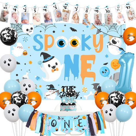 PRICES MAY VARY. Halloween 1st Birthday Party Decorations: Package includes 12*12 inches latex balloons, 1 halloween 1st birthday photo banner, 1 “ONE” high chair banner, 1 “Spooky ONE” backdrop 3*5ft, 1 “THE Spooky ONE” cake topper, 1*32 inches number 1 foil balloon and 2 white ribbons 33ft. Spooky One Birthday Backdrop: Our halloween themed 1st birthday backdrop is made of vinyl material, which is soft, exquisite and easy to carry. You can use it as wall paper, curtain, tablecloth, decoration Halloween Theme First Birthday, Halloween 1st Birthday Party, Spooky One Birthday, Paper Curtain, Halloween Birthday Party Decorations, Halloween 1st Birthdays, Theme First Birthday, Monthly Photo Banner, Birthday High Chair