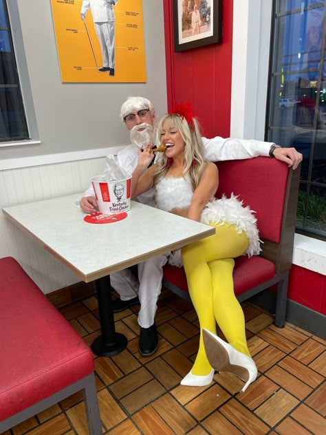 chicken costume halloween couples costume idea colonel sanders KFC outfit funny couples halloween costume Chip Halloween Costume, Ufc Halloween Costumes Couples, Kfc And Chicken Costume, Cute Chicken Costume Women, Chicken Strip Costume, Kernel Sanders And Chicken Costume, Chef Couple Costume, Colonel Sanders And Chicken Costume, Kfc Couples Costume