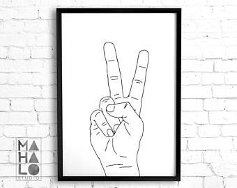 Peace sign printable wall art, peace fingers, minimal decor graphic black and white decor, hand signal print, Instant download, world peace Hand Line Drawing, Small Moon Tattoos, Printable Wall Art Bedroom, Peace Fingers, Peace Sign Hand, Peace Hand, Peace Sign Art, Hand Lines, Hand Gesture