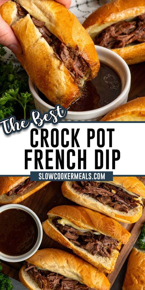 French dip sandwich being dipped into au jus gravy. Crockpot French Dip, French Dip Recipe, Crock Pot French Dip, French Dip Sandwich Crockpot, French Dip Recipes, French Dip Crock Pot, French Sandwich, French Dip Sandwiches, Dip Sandwiches