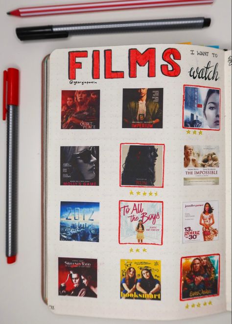 Movie and film posters on a page of A5 dotted bullet journal, watched movies are highlighted in red and have a star rating underneath Movie Journal Template, Bullet Journal Films, Movie Watchlist, Series Journal, Simple Bullet Journal, Binder Journal, Bullet Journal Christmas, Journals Ideas, Tracker Bullet Journal