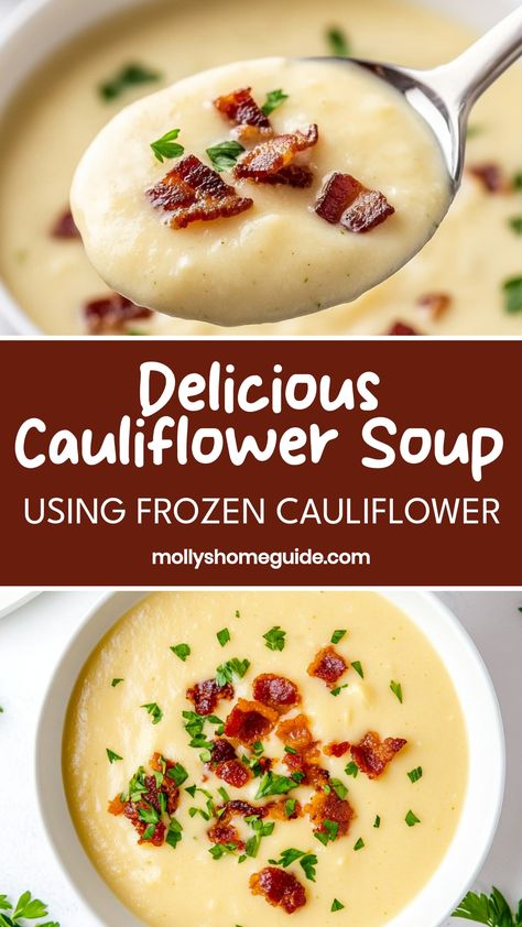 Warm up your day with a comforting bowl of cauliflower soup made with frozen cauliflower. This easy recipe is perfect for a quick and delicious meal, packed with flavor and nutrients. Discover how simple it is to whip up this cozy soup that will satisfy your cravings and keep you warm all winter long. Enjoy the creamy texture and rich taste of this homemade cauliflower soup that will make you feel like a master chef in your own kitchen. Try it now and elevate your winter dining experience with t Ham Cauliflower Soup, Frozen Cauliflower Soup, Cauliflower Rice Soup Recipes, Recipes With Frozen Cauliflower, Cream Soups For Liquid Diet, Cauliflower Recipes Soup, Frozen Cauliflower Recipes, Cauliflower Bacon Soup, Cream Of Cauliflower Soup