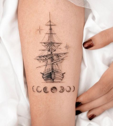 Pirate Lady Tattoo, Inside Of Arm Tattoo, Pirate Ship Tattoo, Seashell Tattoos, Bird Tattoo Wrist, Pirate Tattoo, Ship Tattoo, Modern Tattoos, Mini Tattoos