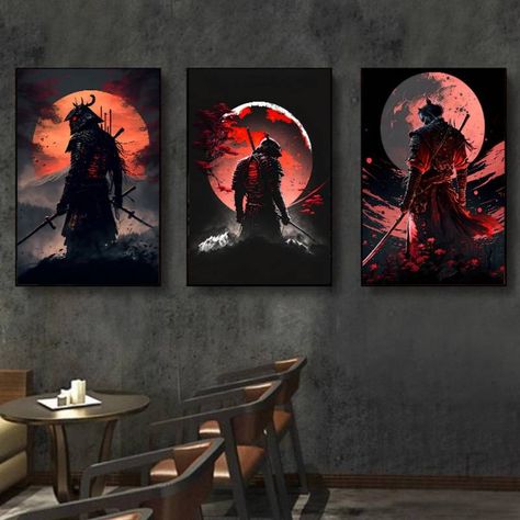 Guerriero Samurai, Sunset Wall Decor, Hanging Paintings, Sunset Wall Art, Red Moon, Sunset Canvas, Abstract Wall Decor, Japanese Painting, Mountain Wall Art