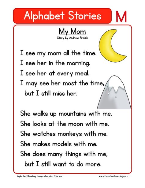 My Mom Alphabet Stories, Kindergarten Reading Comprehension, Worksheet Alphabet, Remedial Reading, Phonics Reading Passages, Teaching Reading Comprehension, Reading Comprehension Kindergarten, Kindergarten Reading Worksheets, Preschool Reading