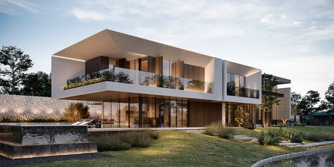 CASA MS030 on Behance Contemporary House Exterior, Hillside House, Arch House, Architecture Graphic Design, Modern Villa Design, Modern House Facades, Architecture Building Design, Modern Villa, Luxury Homes Dream Houses