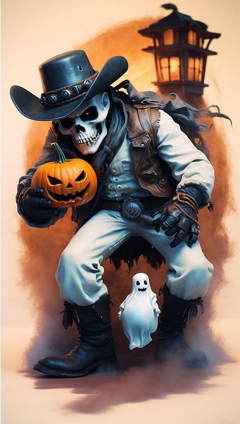 Painting of a skeleton in a cowboy hat holding a pumpkin and a ghost Cowboy Halloween, Halloween Cowboy, Cowboy Skull, A Skeleton, A Ghost, Cowboy Hat, A Pumpkin, Beautiful Images, Cowboy Hats