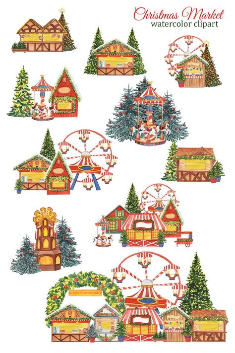 Christmas Market Painting, Christmas Village Watercolor, Christmas Logo Ideas, Christmas Market Illustration, Christmas Village Illustration, Paris Christmas Market, Christmas Village Scene, Western Clipart, House Png