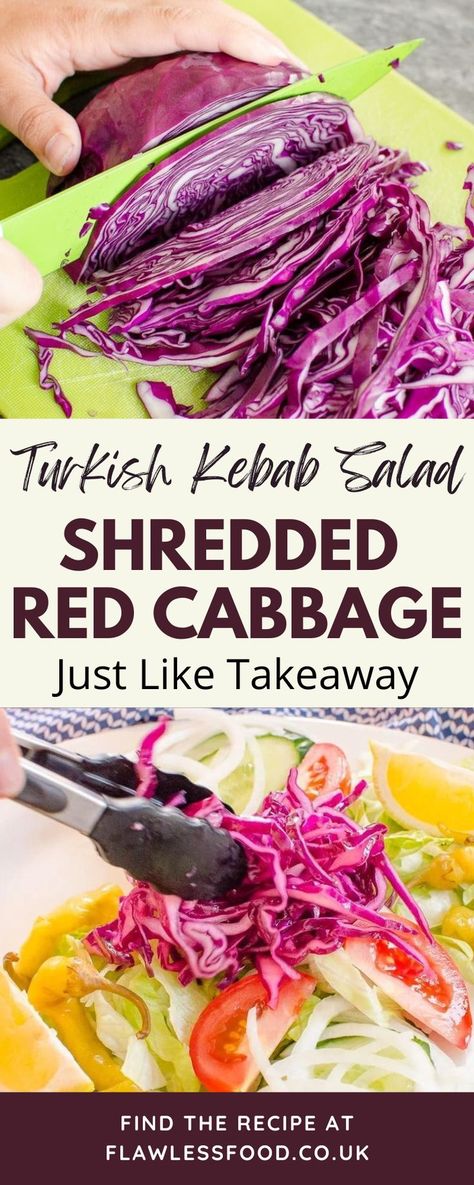 This simple Shredded Red Cabbage - Turkish Kebab Salad recipe shows you how easy it is to create shredded red cabbage just like you would get from a kebab takeaway shop. The secret to the delicious flavour and texture of cabbage just like you get from your Turkish takeaway kebab shop. Make your favorite takeaway dishes at home. Kebab Salad Recipe, Shredded Red Cabbage Recipes, Turkish Pickled Cabbage, Turkish Cabbage Salad, Turkish Cabbage, Shredded Cabbage Recipes, Turkish Salad Recipes, Kebab Takeaway, Kebab Salad