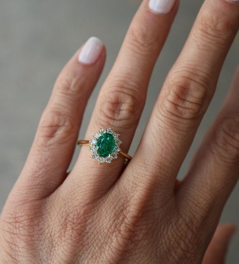 Emerald Ring-Oval Emerald Ring-Halo Emerald Ring-Sterling Silver Ring-Emerald Ring Gold-Engagement Ring-14k Solid Gold Ring-March Birthstone Emerald Green Engagement Ring, Green Engagement Rings, Emerald Engagement Ring Green, Halo Engagement Ring Emerald, Smaragd Ring, Rings Anniversary, Natural Emerald Rings, Emerald Rings, Emerald Ring Gold