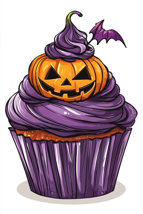 Halloween-themed cupcake. The cupcake has a purple wrapper with visible vertical ridges, and the frosting is also purple, piped in a swirling manner to create a soft peak on top. Atop the frosting sits an orange jack-o’-lantern with carved facial features that include triangular eyes and a smiling mouth with teeth. The pumpkin has a green stem on top. A small, stylized bat with outstretched wings is flying above the pumpkin to the left side. The overall color scheme of orange and purple suggests Spooky Cupcake Tattoo, Cupcake Tattoo, Cupcake Tattoos, Cartoon Cupcakes, Cupcake Clipart, Cupcake Drawing, Halloween Cupcake, Pumpkin Cupcakes, Halloween 2