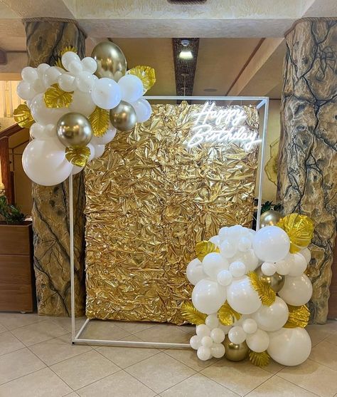 Olive Green And Gold Birthday Party Decor, Gold Foil Backdrop, Eid Ul Fitr Decorations, Gold Foil Wall, Party Rental Ideas, Birthday Theme Decoration, Birthday Room Decorations, Graduation Party Planning, Simple Birthday Decorations