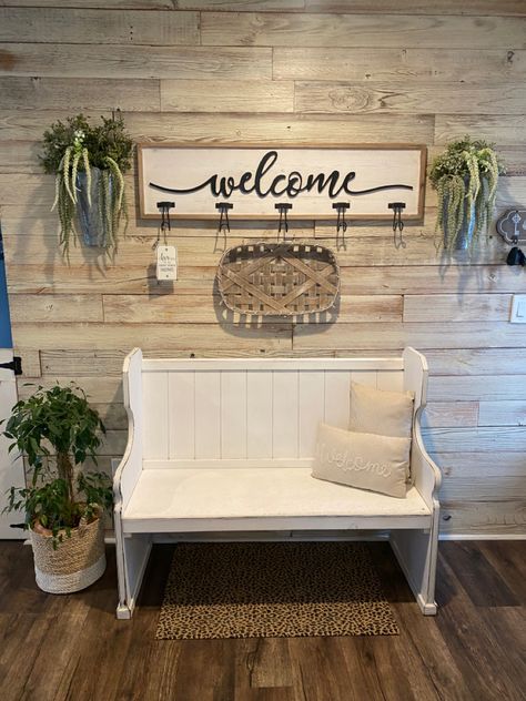 White Pew Bench Entryway, Entryway Pew Bench, Church Bench Entryway, Entry Way Bench Styling Farmhouse, Church Pew Entryway, Entry Farmhouse, Pew Decor, Church Pew Bench, Cottage House Interior