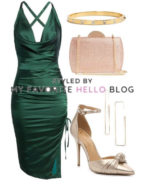 Green Dress What Color Shoes, Wedding Guest Outfit Mini Dress, Dark Green Dress Accessories, Green Guest Wedding Dress, Shoes To Wear With Green Dress, Emerald Green Dress For A Wedding Guest, Short Green Dress Outfit, Green Cocktail Dress Outfit, Green Dress Shoes Outfit