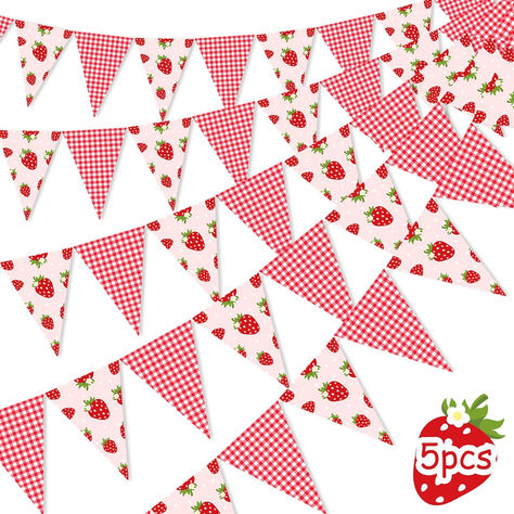 5 Pieces Strawberry Pennant Banners - Pre-Strung Strawberry Triangle Flag Party Decorations for Girls, Berry Themed Birthday Party Baby Shower Supplies #ad #babyshower #babyshowerdecor #berrybabyshower #strawberrybabyshower #babyshowerideas Strawberry Birthday Party Decorations, Berry Sweet Birthday Party Decorations, Strawberry Themed Party, Berry First Birthday Banner, Strawberry Banner, Berry Themed Party, Berry Birthday Backdrop, Strawberry Birthday Banner, Strawberry Party Decorations