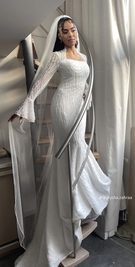 Simple Classy Wedding Dress, Custom Bridal Dress, Classy White Dress, Long Sleeve Mermaid Wedding Dress, Afghan Wedding, Fairy Wedding Dress, Wedding Dress Outfit, Classy Wedding Dress, Modest Fashion Hijab