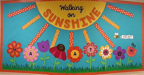 Walking on Sunshine bulletin board May Bulletin Boards Preschool, Sun Theme Bulletin Board, Sun Bulletin Board Preschool, Sunshine Board Ideas, Sunshine Bulletin Boards For School, Fun In The Sun Bulletin Board Ideas, Welcome Summer Bulletin Board Ideas, Be The Sunshine Bulletin Board, Summer School Board Ideas