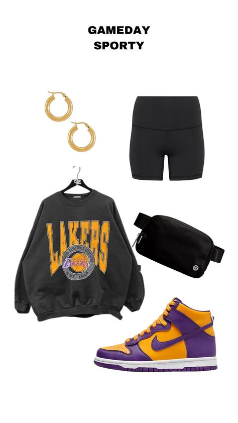 Lakers Inspired Outfit, Womens Lakers Outfit, Nba Gf Outfit, Laker Game Outfit Women, Lakers Game Outfit Women, Lakers Outfit Women Style, Laker Outfit Women Style, Nba Game Outfit Woman, Nba Game Outfit