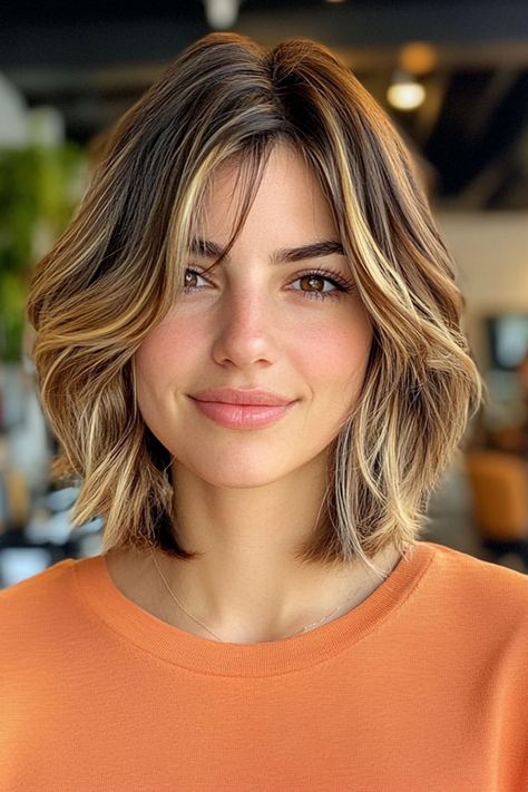 Bold Face-Framing Bob with Blonde Highlights, layered bob haircut Short Haircuts With Face Framing, Face Framing Highlights Bob, Medium Length Hair With Face Framing, Wavy Bob With Curtain Bangs, Bob With Blonde Highlights, Blonde Face Framing Highlights, Bob With Face Framing Layers, Bob With Curtain Bangs, Layered Bob Haircut