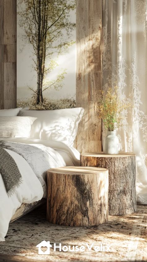 Tree Stump Side Tables Updated Tree Stump Tables, Lighted Branches Decor, Bedroom Forest, Forest Themed Bedroom, Enchanted Bedroom, Stump Side Table, Understory Plants, Ethereal Forest, Tree Stump Side Table