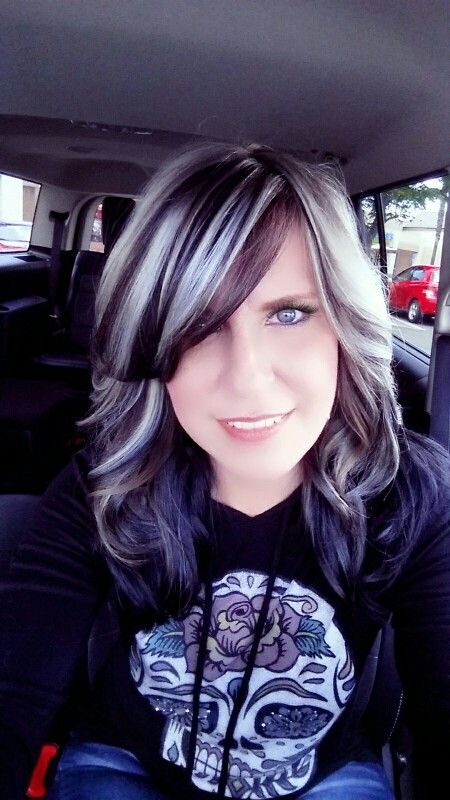 I'm thinking this might be a way for me to transition to gray hair.  Highlights and lowlights Natural Hair Journey Tips, Pastel Purple Hair, Black And Grey Hair, Silver Blonde Hair, Hair Highlights And Lowlights, Transition To Gray Hair, Gray Hair Highlights, Low Lights Hair, Hair Color Highlights