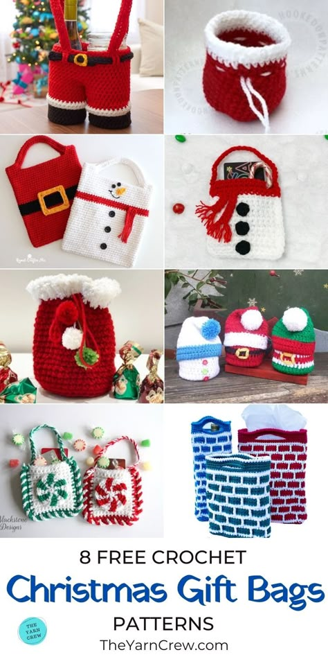 Crochet Treat Bags Free Pattern, Crochet Treat Bags, Crocheted Baskets, Crochet Christmas Stocking Pattern, Christmas Crochet Patterns Free, Christmas Treat Bags, Free Christmas Gifts, Crochet Christmas Stocking, Crochet Christmas Gifts