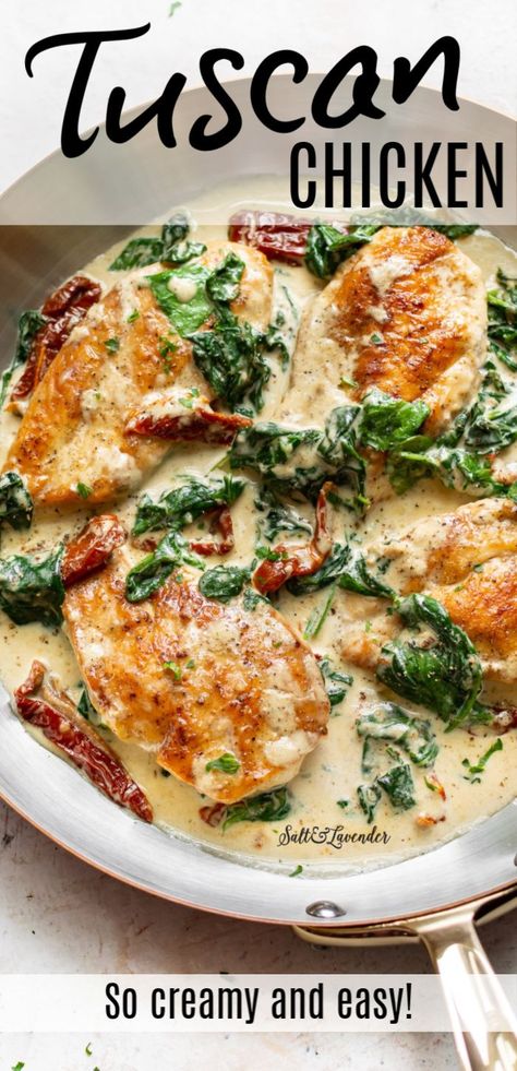 This Olive Garden-inspired recipe with tender pan-fried chicken and a garlic cream sauce with sun-dried tomatoes, spinach, and basil is perfect for an elevated weeknight dinner but tasty enough for company. It's incredibly easy to make and ready in about 30 minutes. Recipes Using Breakfast Sausage, Creamy Tuscan Chicken Recipe, Creamy Tuscan Chicken, Garlic Cream Sauce, Easy Chicken Dinner Recipes, Tuscan Chicken, Healthy Dinner Recipes Chicken, Health Dinner Recipes, Sun Dried Tomatoes