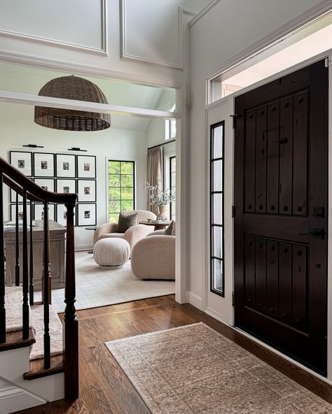 ENTRYWAY or FOYER? Ours was a big selling point when we bought our home. It has come a long way from the peach textured walls & golden oak floors with a pink-ish granite inlay! Comment LOVE IT for links to shop these spaces in our home 🤎 Golden Oak Floors, Acacia Wood Flooring, Dark Floors, Golden Oak, Oak Floors, Front Room, Acacia Wood, Our Home, Textured Walls