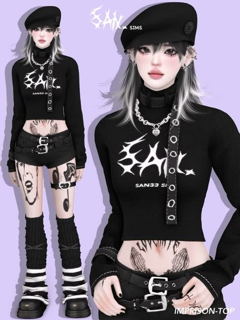 Sims 4 Cc Women Clothes, Emo Clothes For Girls, Sims 4 Cc Women, Sims 4 Anime, Sims 4 Cas Mods, Game Screenshots, Sims Hair, Shirt Female, Emo Outfits