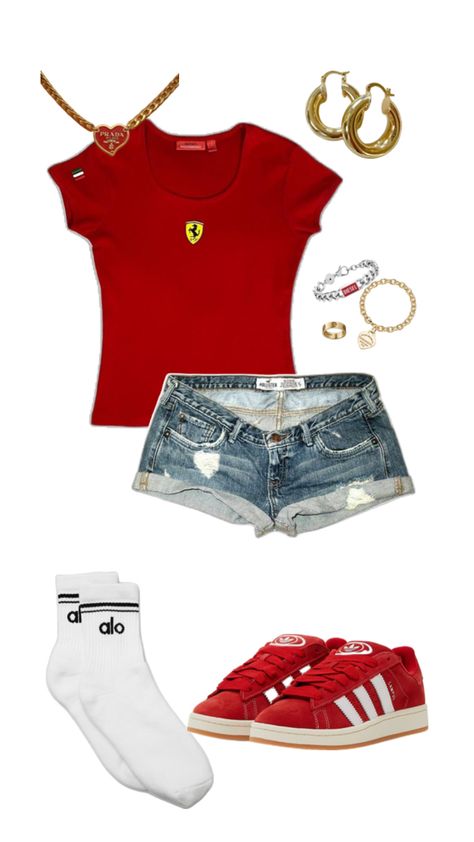 Red Ferrari Top Outfit Red Outfit Aesthetic 90s, Red Shirt Halloween Costume, Ferrari Shirt Outfit, Red T Shirt Outfit, F1 Fits, Formula 1 Outfit, Ferrari Outfit, Red Tshirt Outfit, Red Leggings Outfit