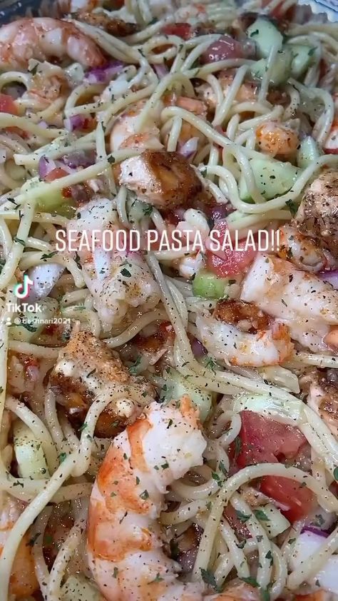 Tik Tok Food Recipes, Pasta With Seafood, Seafood Pasta Salad, Sea Food Salad, Seafood Salad Pasta, Parmesan Roasted Cauliflower, Tik Tok Food, Seafood Dinner Recipes, Sea Food Salad Recipes