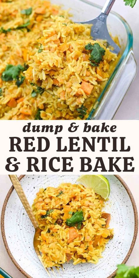 This vegetarian red lentil and rice casserole is a dump-and-bake recipe that features warming curry spices, coconut milk, and a handful of budget-friendly ingredients. The casserole is sliceable, versatile, and requires just 10 minutes of active time to make! Cheesy Red Lentil Bake, Vegan Dump And Bake, Lentil Bake, Lentil And Rice, Lentil Casserole, Red Lentil Recipes, Dump And Bake, Bean Dishes, Rice Bake