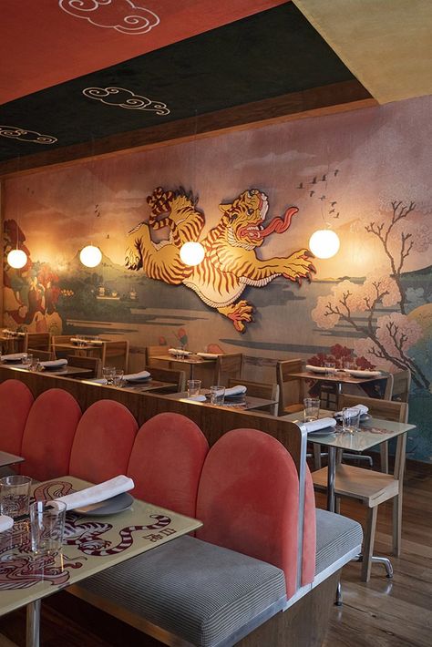 Chinese Cafe Design, Asian Restaurant Design, Modern Chinese Restaurant, Asian Wallpaper, Green Bar, Modern Asian, Design Bar, Velvet Wallpaper, Asian Restaurants