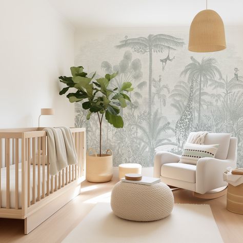 SHOP Vintage Jungle in Sage Gender Neutral Kids Room Wallpaper Mural – Olive et Oriel Gender Neutral Nursery Wallpaper, Neutral Nursery Wallpaper, Gender Neutral Kids Room, Kids Bedroom Wallpaper, Sage Wallpaper, Nursery Room Design, Baby Room Inspiration, Latest Wallpapers, Neutral Style