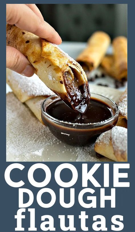 Cookie Dough Flautas Recipe, Dessert Tortillas, Flautas Recipe, Fried Cookie Dough, Cookie Dough Cheesecake, Cookie Shop, Gooey Cookies, Soft Tacos, Chocolate Heaven