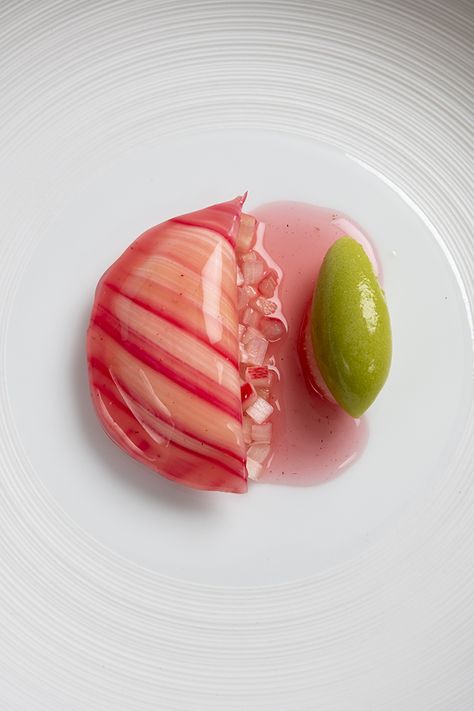 Rhubarb Plated Dessert, Plated Dessert Recipes, Rhubarb Desserts Fine Dining, Pre Dessert Fine Dining, Beautiful Desserts Presentation, Dessert Fine Dining, Fancy Plating, Rhubarb Dessert, Molecular Food