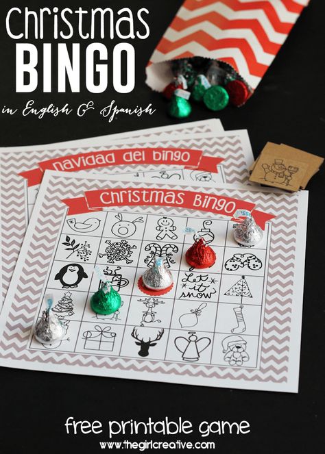 Printable Christmas Bingo Game - in English and Spanish - The Girl Creative - Everything you need to start a new holiday tradition with your family. #justaddkisses Elf Dinner, Future Educator, Holiday Bingo, Christmas Bingo Game, Christmas Hope, Christmas Caroling, School Christmas Party, Xmas Games, Fun Christmas Party Games