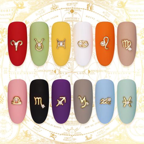 Gemini - Adaptable, fun-loving, and intelligent.Dainty cosmic-inspired horoscope symbols that are plated in real gold and bedazzled with sparkly zircon stones. These zodiac nail charms are perfect accessories to celestial and mystical designs, wear your sign on nails! Find all 12 zodiac signs HERE. Reusable and curved to fit the natural shape of your nails. Application: Apply a small drop of nail jewelry glue such as Brush On Resin or Stay Put Jewelry Gel over base color and place the charm on t Zodiac Nail Art Sagittarius, Zodiac Nails Designs Aquarius, Zodiac Nails Designs Capricorn, Zodiac Nails Designs Taurus, Libra Zodiac Nails, Taurus Nail Art, Aries Nails Zodiac Signs, Pices Zodiac Nails, Aries Nail Art