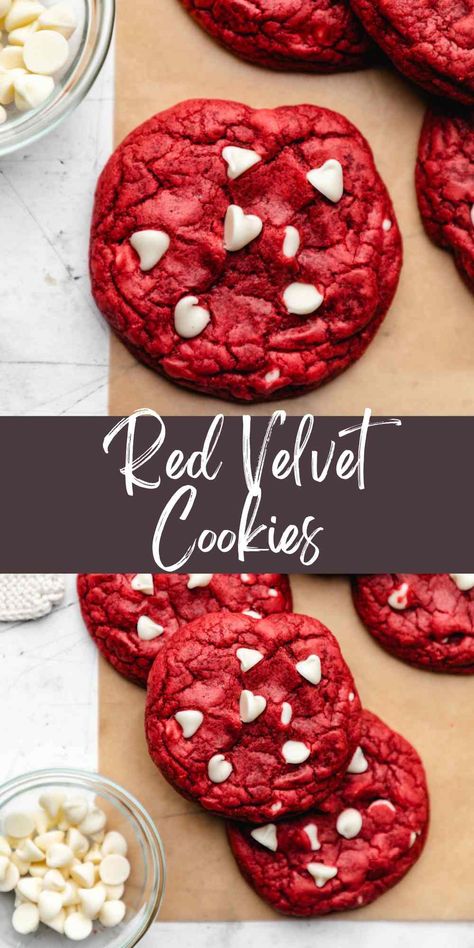 Red Velvet Chocolate Chip Cookies, Red Velvet Cake Mix Cookies, Red Velvet Cookie Recipe, Velvet Desserts, White Cake Recipes, Red Velvet Chocolate, Red Velvet Desserts, Velvet Cookies, Red Velvet Cake Mix