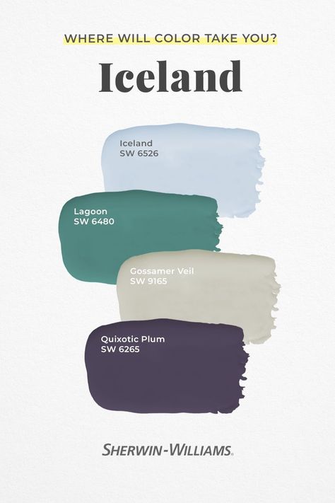 Daydreaming of a vacation spot surrounded by blue lagoons and rugged mountains? Bring the vibes of your dream trip into your home with paint colors inspired by the tundra, like Icelandic SW 6526, Gossamer Veil SW 9165 and Lagoon SW 6480. Tap the pin to discover more vacation paint color inspiration. #paintinspiration #sherwinwilliams #paintpalette #iceland Sherwin Williams Icelandic, Lagoon Sherwin Williams, Iceland Color Palette, Sherwin Williams Lagoon, Color Pallets For The Home, Gossamer Veil, Beach Paint Colors, Paint Color Swatches, Small Bedroom Inspiration