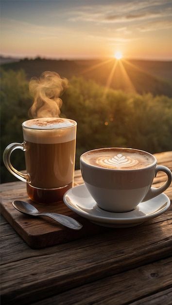 Photo a cup of coffee with the sun setti... | Premium Photo #Freepik #photo Cup Of Coffee Photography, Coffee Time Morning, 2 Cups Of Coffee, Morning Coffee Photography, Coffee Outside, Sunrise Coffee, Cafe Pictures, Barley Grass, Cosmetic Sets