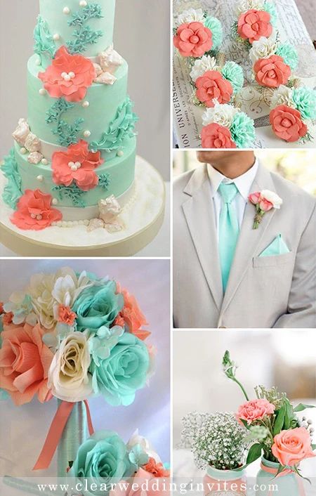 Seafoam Green Wedding Theme, Teal Peach Wedding, Mint Green And Peach Wedding, Mint Green And Coral Wedding, Teal And Peach Wedding, Mint Wedding Theme, Mint Wedding Colors, Green Wedding Color Schemes, Coral And Mint Wedding