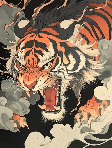 Sabertooth Tiger Art, Tiger And Snake Tattoo, Tiger Japanese Art, Fierce Tiger Tattoo, Tiger Art Illustration, Tiger Eye Tattoo, Tiger Illustration Art, Tigres Tattoo, Tiger Skeleton